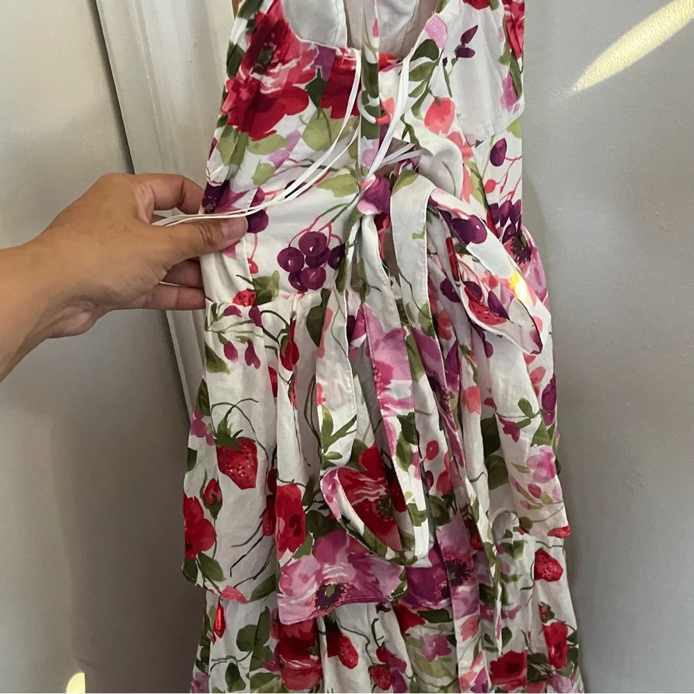 New Abercrombie & Fitch Lace-Up Back Tiered Maxi Dress in Pink Floral Small